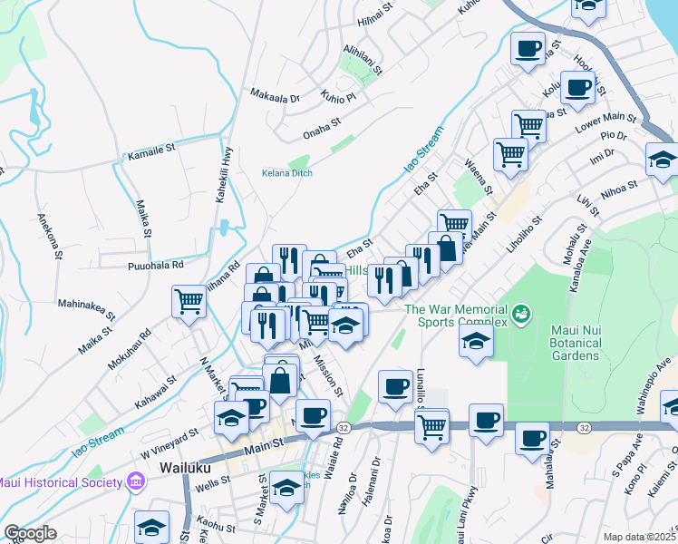 map of restaurants, bars, coffee shops, grocery stores, and more near 1600 Alako Street in Wailuku