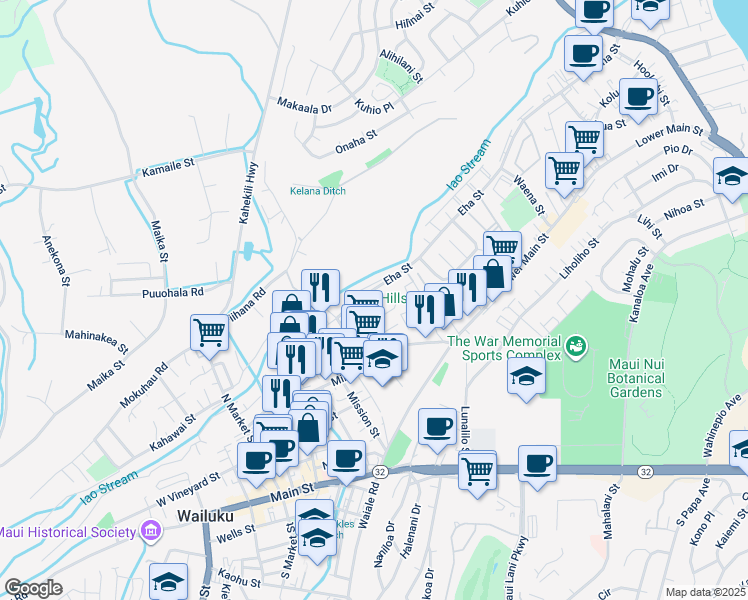 map of restaurants, bars, coffee shops, grocery stores, and more near 1600 Alako Street in Wailuku
