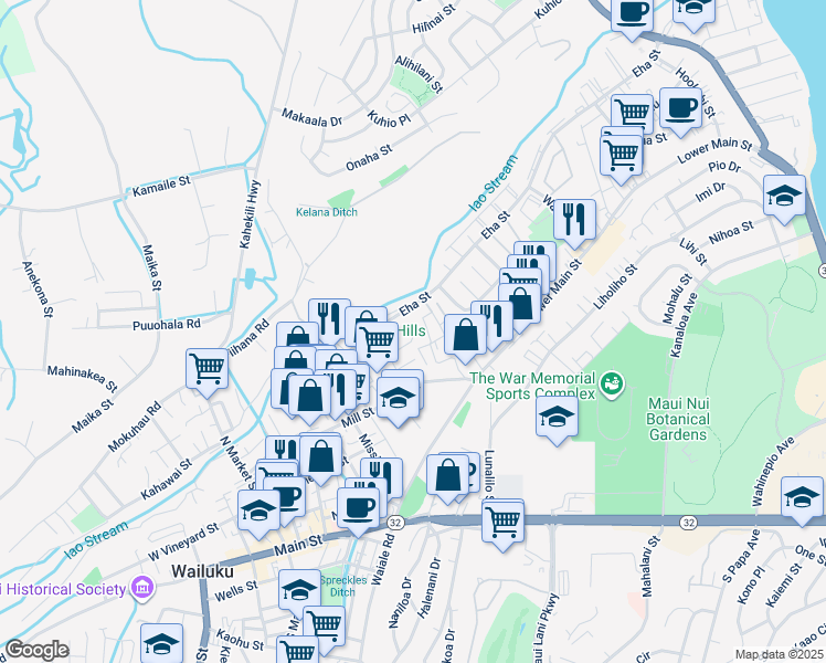 map of restaurants, bars, coffee shops, grocery stores, and more near 1580 Wili Place in Wailuku