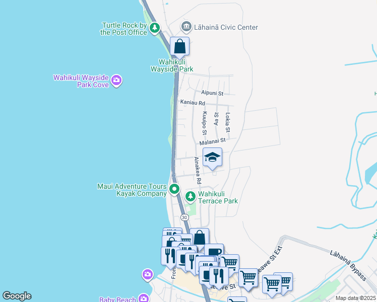 map of restaurants, bars, coffee shops, grocery stores, and more near 127 Wahikuli Road in Lahaina