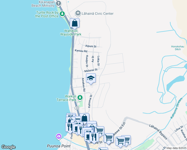 map of restaurants, bars, coffee shops, grocery stores, and more near 175 Wahikuli Road in Lahaina
