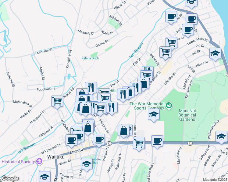map of restaurants, bars, coffee shops, grocery stores, and more near 261 Ea Street in Wailuku