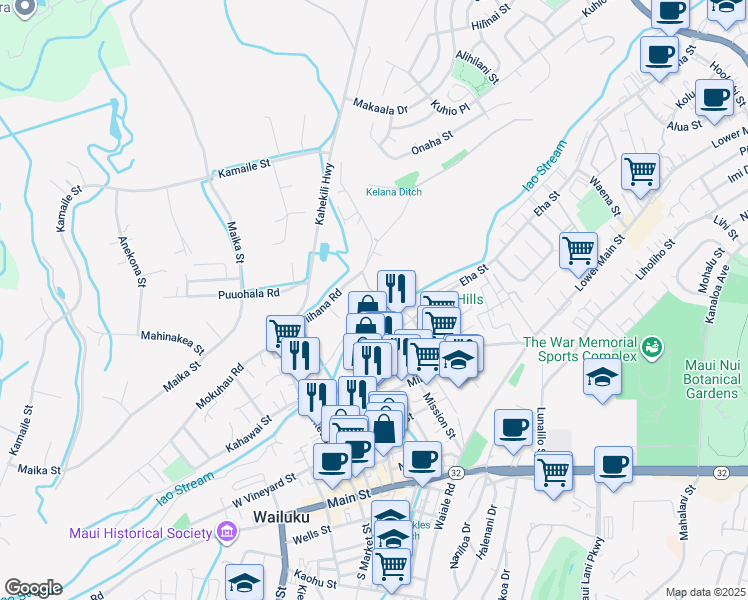 map of restaurants, bars, coffee shops, grocery stores, and more near 1771 Piihana Road in Wailuku