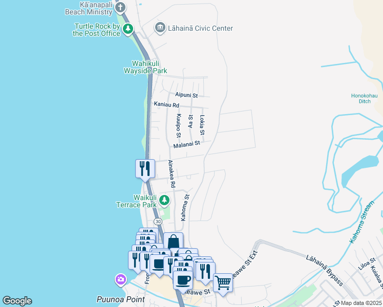 map of restaurants, bars, coffee shops, grocery stores, and more near 175 Wahikuli Road in Lahaina
