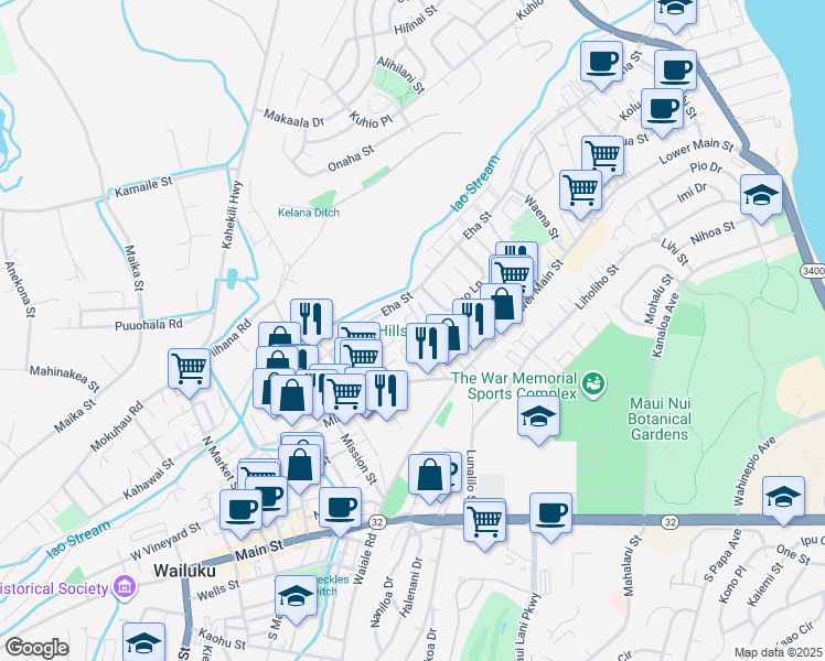 map of restaurants, bars, coffee shops, grocery stores, and more near 316 Lauala Street in Wailuku
