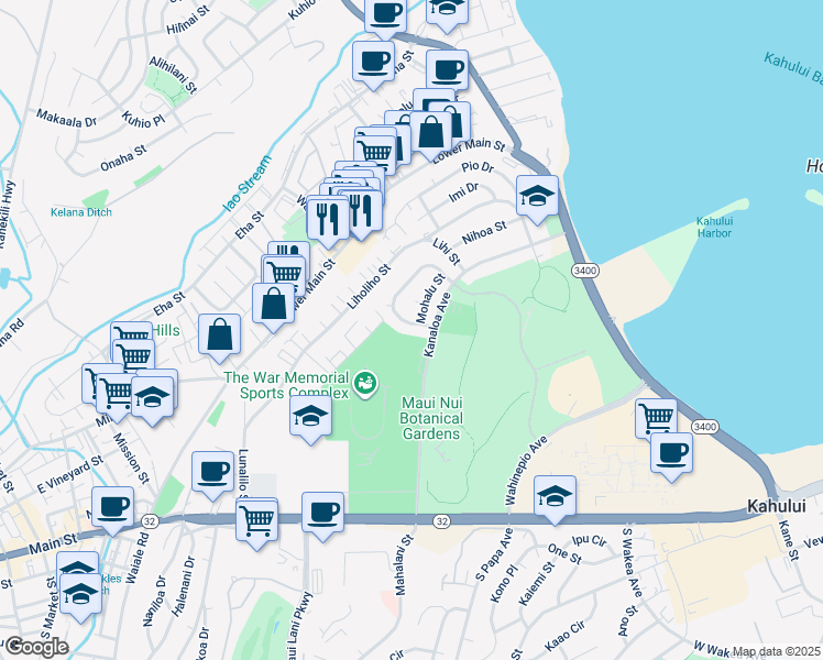 map of restaurants, bars, coffee shops, grocery stores, and more near 281 Mikohu Loop in Kahului