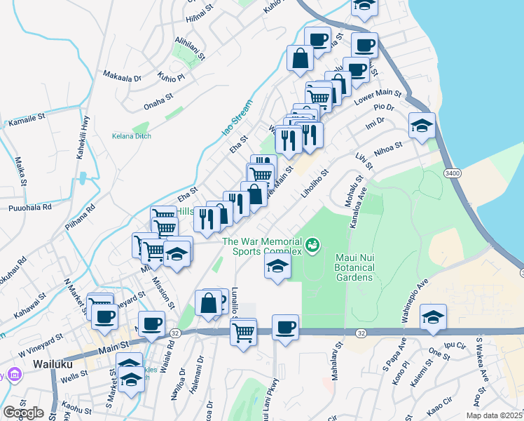 map of restaurants, bars, coffee shops, grocery stores, and more near 293 Liholiho Street in Wailuku