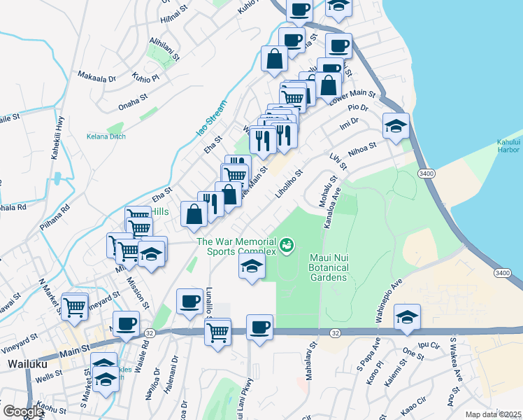 map of restaurants, bars, coffee shops, grocery stores, and more near 339 Liholiho Street in Wailuku