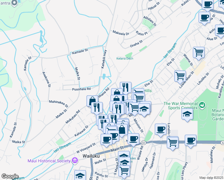 map of restaurants, bars, coffee shops, grocery stores, and more near 1504 Piihana Road in Wailuku