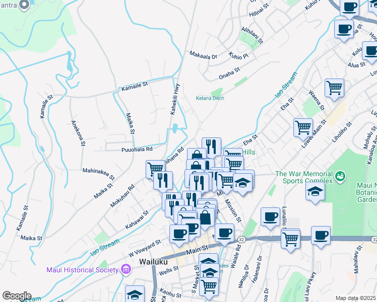 map of restaurants, bars, coffee shops, grocery stores, and more near 1504 Piihana Road in Wailuku