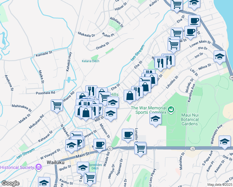 map of restaurants, bars, coffee shops, grocery stores, and more near 351 Lauala Street in Wailuku