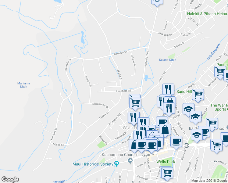 map of restaurants, bars, coffee shops, grocery stores, and more near 2098 Puuohala Road in Wailuku