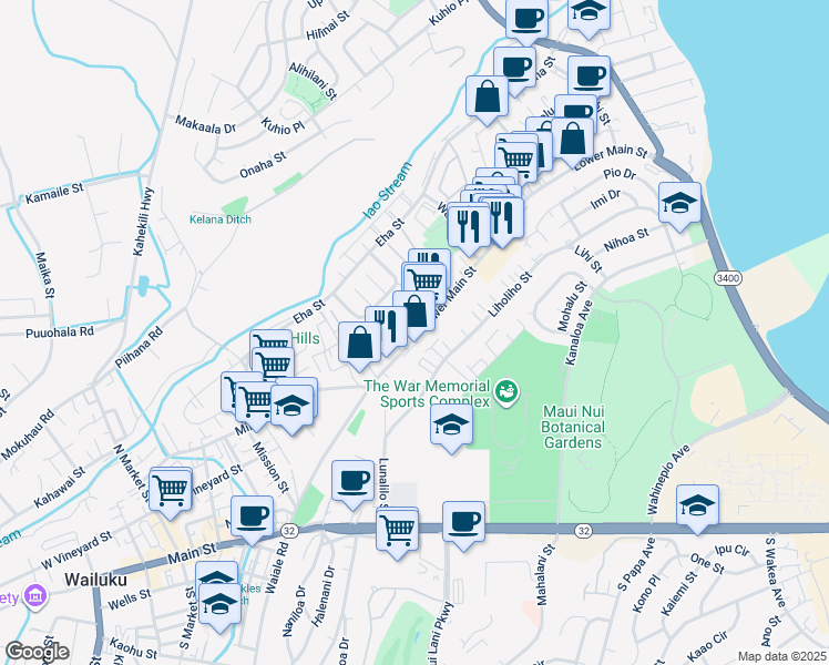 map of restaurants, bars, coffee shops, grocery stores, and more near 1322 Lower Main Street in Wailuku