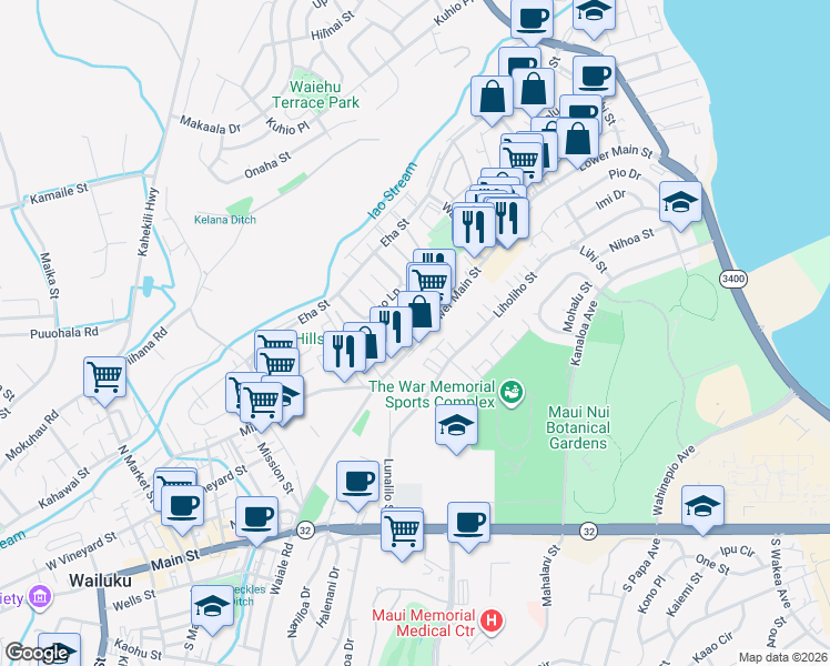map of restaurants, bars, coffee shops, grocery stores, and more near 1332 Lower Main Street in Wailuku