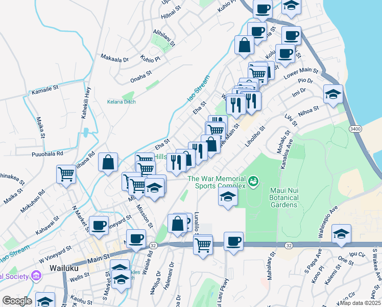 map of restaurants, bars, coffee shops, grocery stores, and more near 63 Waiolani Place in Wailuku