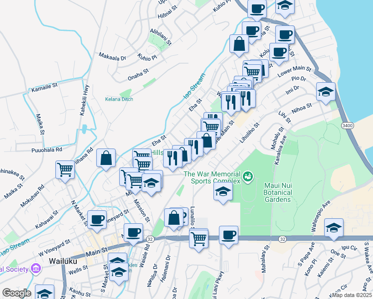 map of restaurants, bars, coffee shops, grocery stores, and more near 63 Waiolani Place in Wailuku