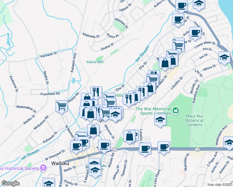 map of restaurants, bars, coffee shops, grocery stores, and more near 1580 Alako Street in Wailuku