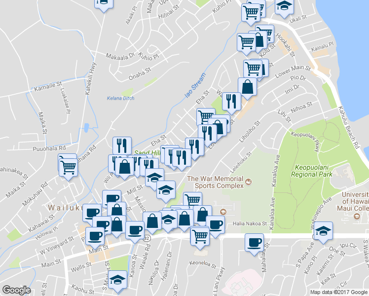 map of restaurants, bars, coffee shops, grocery stores, and more near 121 Iao Loop in Wailuku