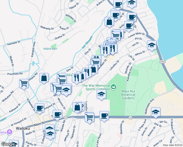 map of restaurants, bars, coffee shops, grocery stores, and more near 1332 Lower Main Street in Wailuku