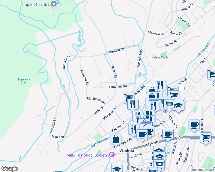 map of restaurants, bars, coffee shops, grocery stores, and more near 2104 Puuohala Road in Wailuku