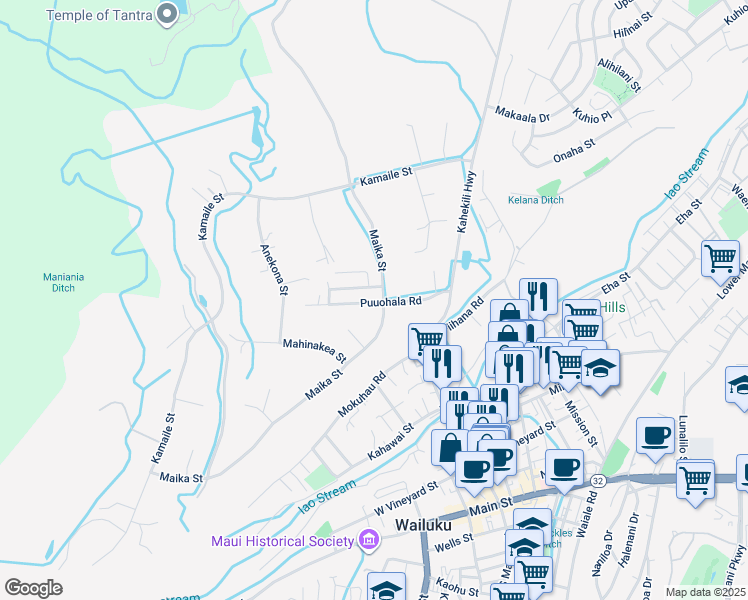 map of restaurants, bars, coffee shops, grocery stores, and more near 2074 Puuohala Road in Wailuku