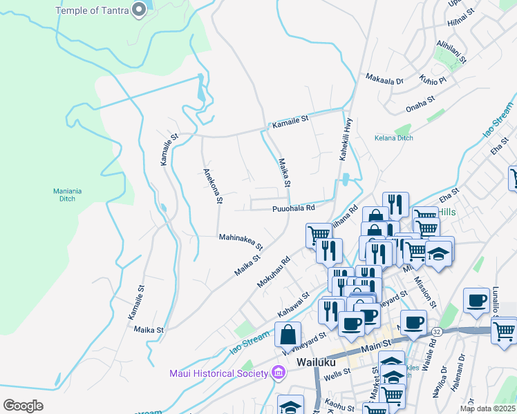 map of restaurants, bars, coffee shops, grocery stores, and more near 2122 Puuohala Road in Wailuku