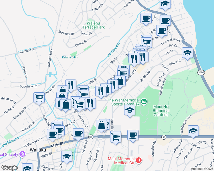 map of restaurants, bars, coffee shops, grocery stores, and more near 121 Iao Loop in Wailuku