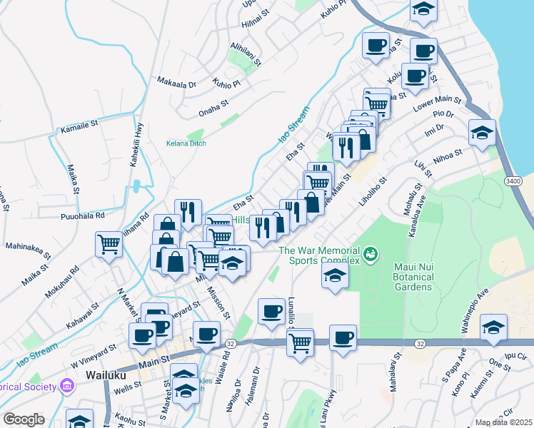 map of restaurants, bars, coffee shops, grocery stores, and more near 290 Ainahou Place in Wailuku