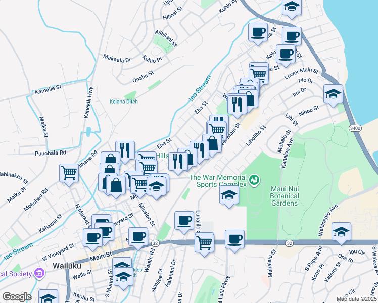 map of restaurants, bars, coffee shops, grocery stores, and more near 121 Iao Loop in Wailuku
