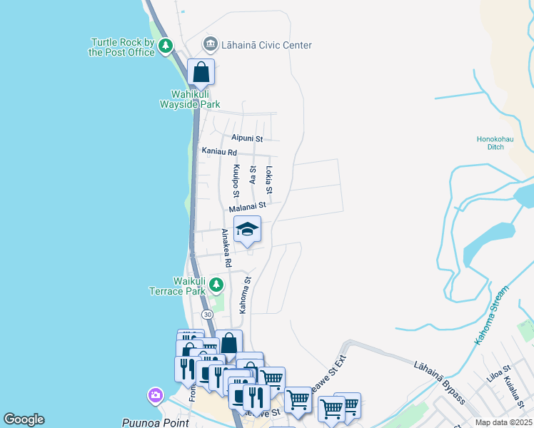 map of restaurants, bars, coffee shops, grocery stores, and more near 191 Wahikuli Road in Lahaina