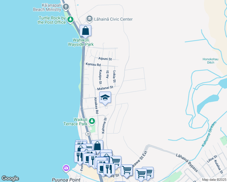 map of restaurants, bars, coffee shops, grocery stores, and more near 191 Wahikuli Road in Lahaina