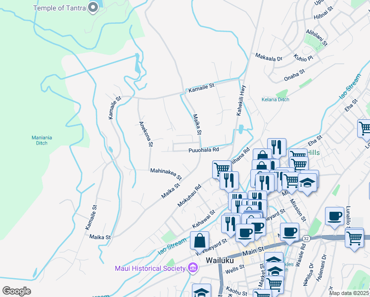 map of restaurants, bars, coffee shops, grocery stores, and more near 2104 Puuohala Road in Wailuku