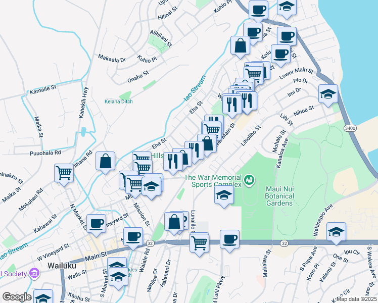 map of restaurants, bars, coffee shops, grocery stores, and more near 59 Waiolani Place in Wailuku