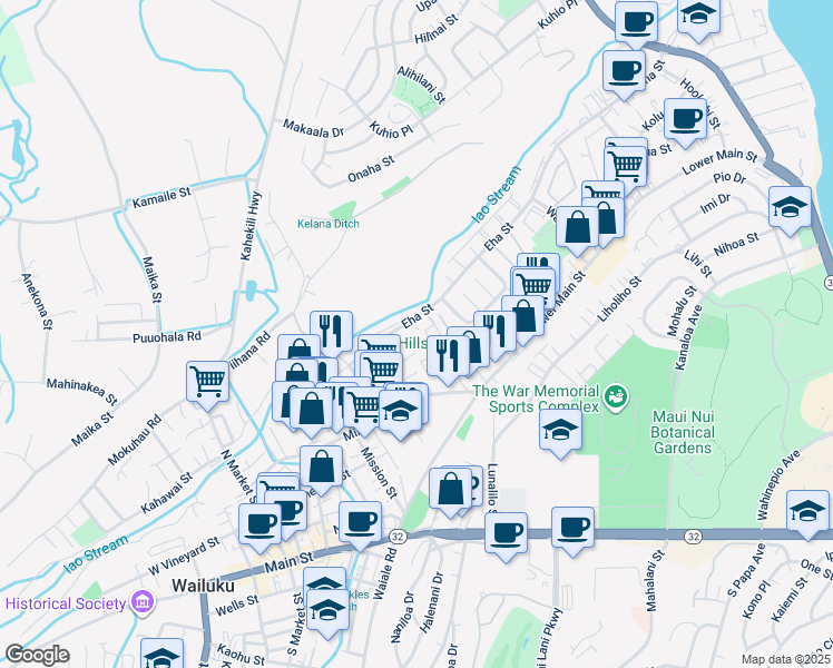 map of restaurants, bars, coffee shops, grocery stores, and more near 351 Ea Street in Wailuku