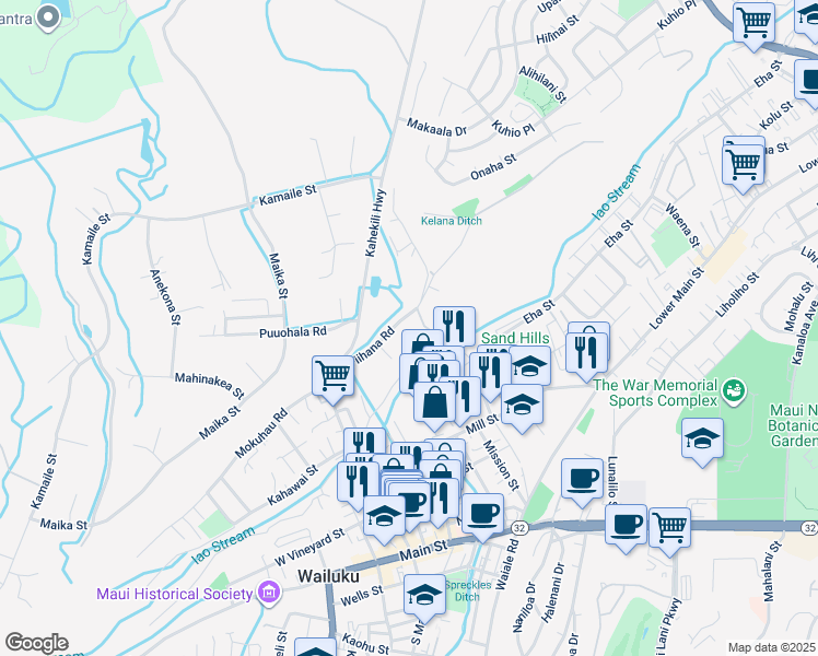 map of restaurants, bars, coffee shops, grocery stores, and more near 1503 Piihana Road in Wailuku
