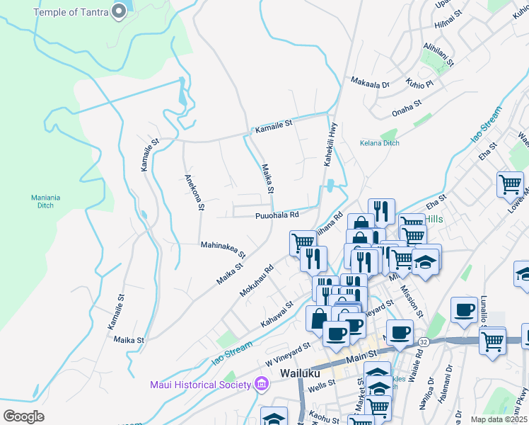 map of restaurants, bars, coffee shops, grocery stores, and more near 2074 Puuohala Road in Wailuku
