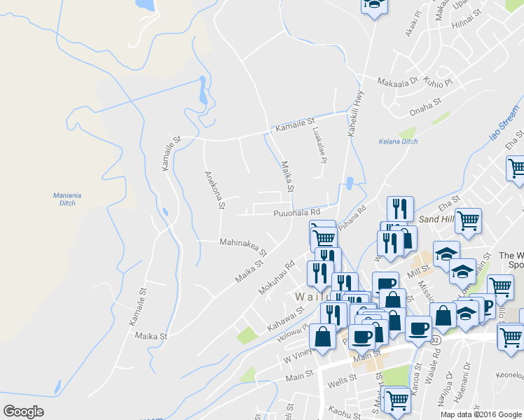 map of restaurants, bars, coffee shops, grocery stores, and more near 2122 Puuohala Road in Wailuku
