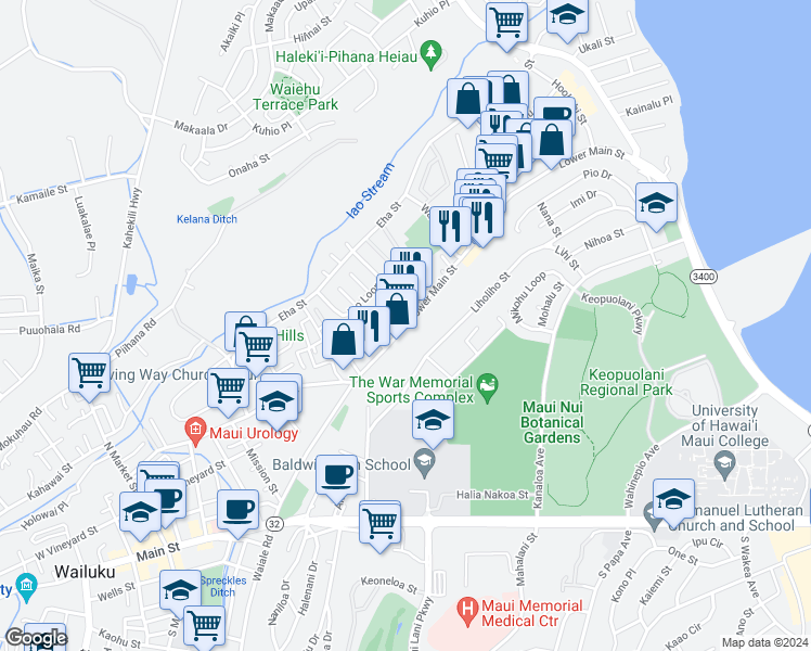 map of restaurants, bars, coffee shops, grocery stores, and more near Lower Main Street in Wailuku