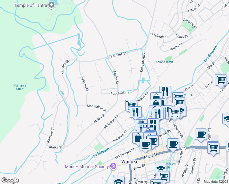 map of restaurants, bars, coffee shops, grocery stores, and more near 2074 Puuohala Road in Wailuku