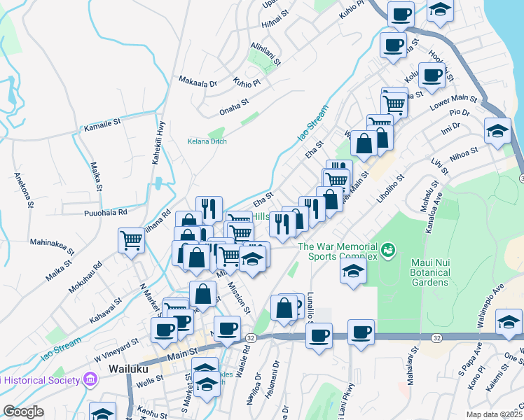 map of restaurants, bars, coffee shops, grocery stores, and more near 351 Ea Street in Wailuku