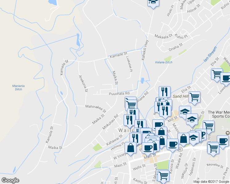 map of restaurants, bars, coffee shops, grocery stores, and more near 2070 Puuohala Road in Wailuku