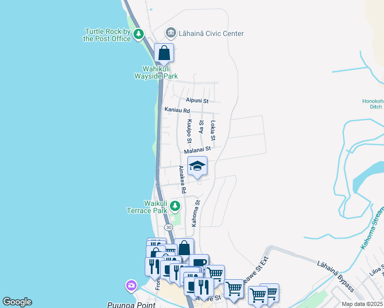 map of restaurants, bars, coffee shops, grocery stores, and more near 170 Malanai Street in Lahaina