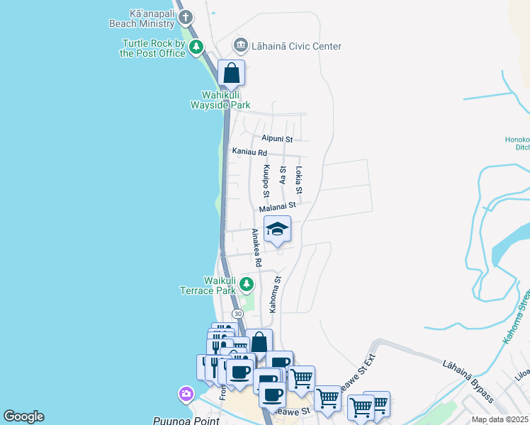 map of restaurants, bars, coffee shops, grocery stores, and more near 160 Malanai Street in Lahaina
