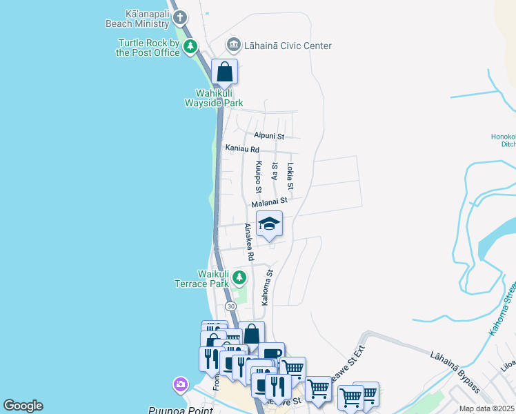 map of restaurants, bars, coffee shops, grocery stores, and more near 160 Malanai Street in Lahaina