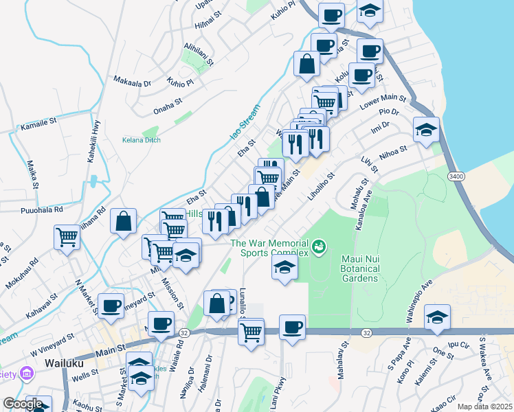 map of restaurants, bars, coffee shops, grocery stores, and more near 1332 Lower Main Street in Wailuku