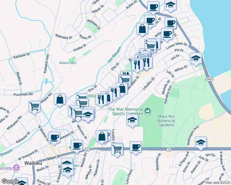 map of restaurants, bars, coffee shops, grocery stores, and more near 40 Waiolani Place in Wailuku
