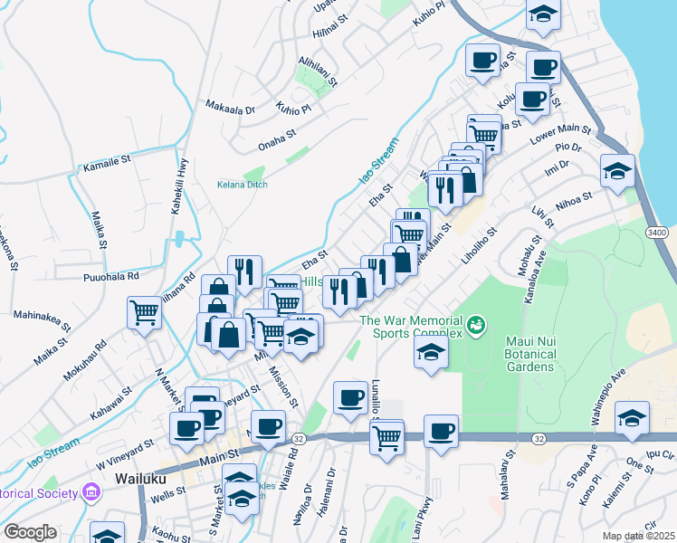 map of restaurants, bars, coffee shops, grocery stores, and more near 307 Ainahou Place in Wailuku