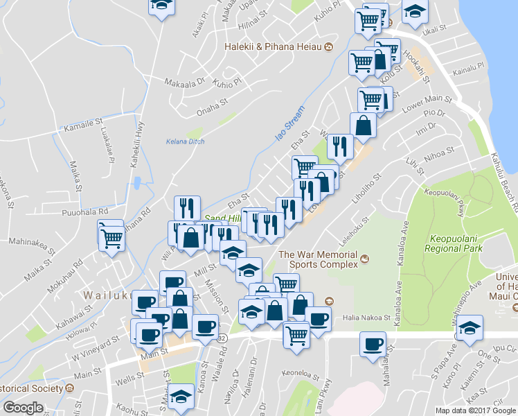 map of restaurants, bars, coffee shops, grocery stores, and more near 307 Ainahou Place in Wailuku