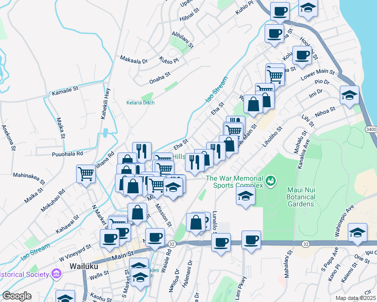 map of restaurants, bars, coffee shops, grocery stores, and more near 323 Kopiko Street in Wailuku