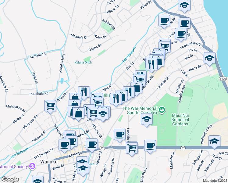 map of restaurants, bars, coffee shops, grocery stores, and more near 314 Kopiko Street in Wailuku
